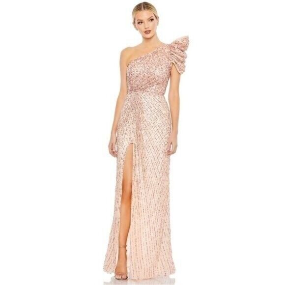 NWT MAC DUGGAL‎ 5622 EMBELLISHED PUFF SLEEVES ONE SHOULDER GOWN IN APRICOT - Picture 4 of 10